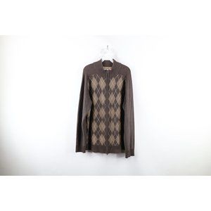 Vintage Buckle BKE Mens XL Knit Argyle Diamond Full Zip Cardigan Sweater Brown